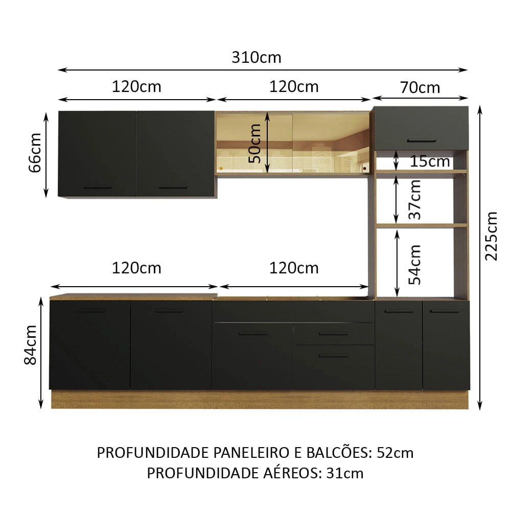 Cozinha Completa Madesa Agata 310001 com Armário e Balcão (Sem Tampo e Pia) Rustic/Preto Cor:Rustic/Preto