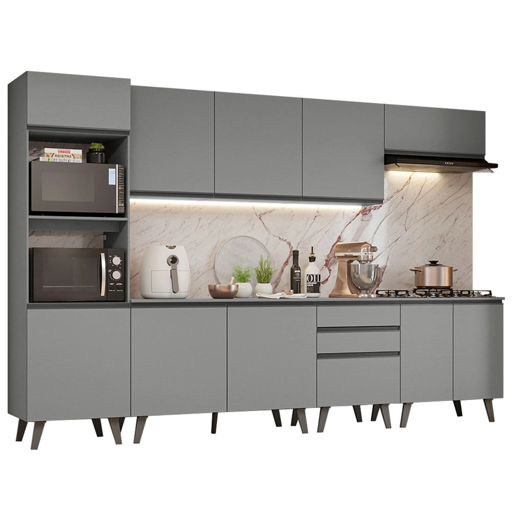 Armário de Cozinha Completa 320cm Cinza Nice Madesa 06 Cor:Cinza