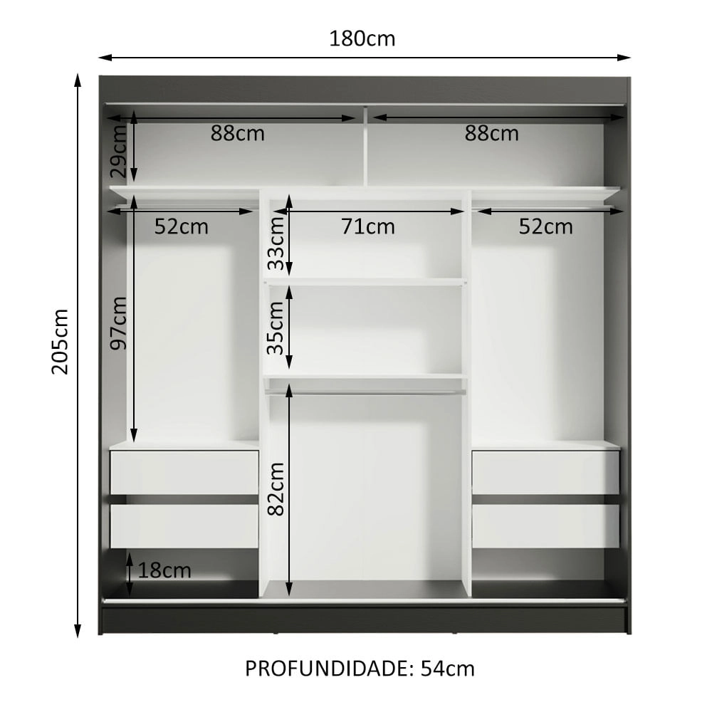 Guarda-Roupa Casal Madesa Reno 3 Portas de Correr com Espelho Cor:Preto/Rustic