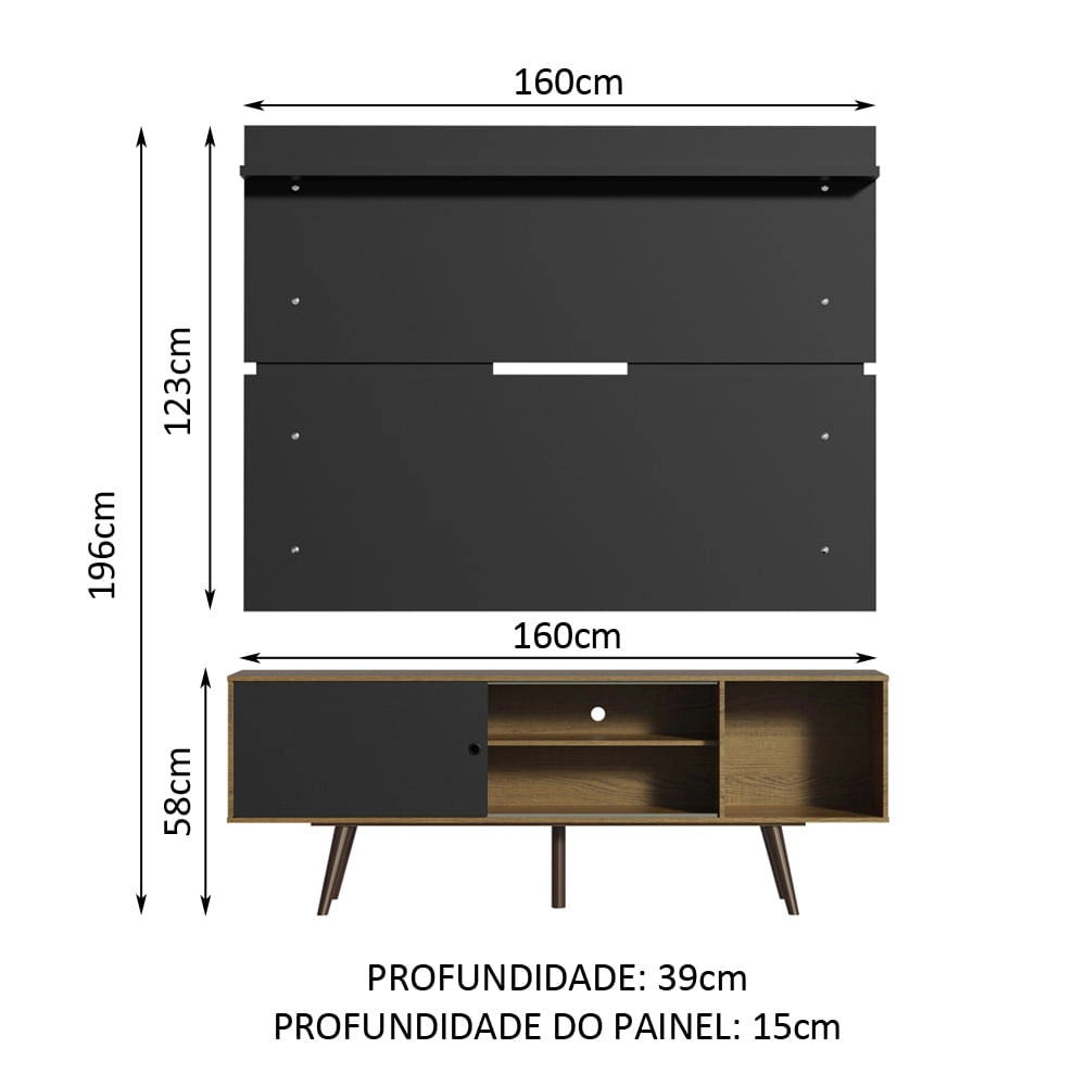 Rack Madesa Cairo e Painel para TV até 65 Polegadas com Pés de Madeira - Rustic/Preto/Preto Cor:Rustic/Preto/Rustic