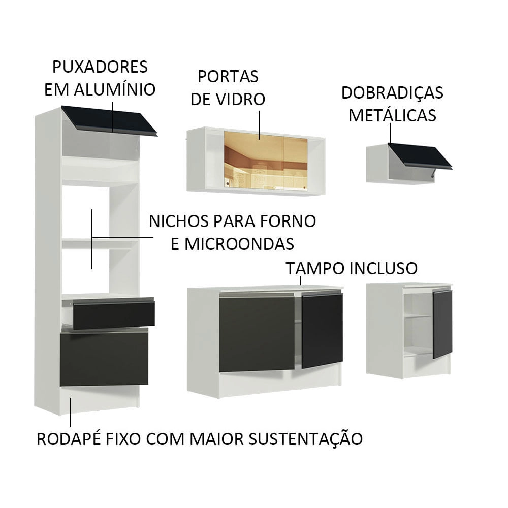 Cozinha Completa Madesa Diamante com Armário, Balcão de Pia e Tampo Branco/Preto Cor:Branco/Preto