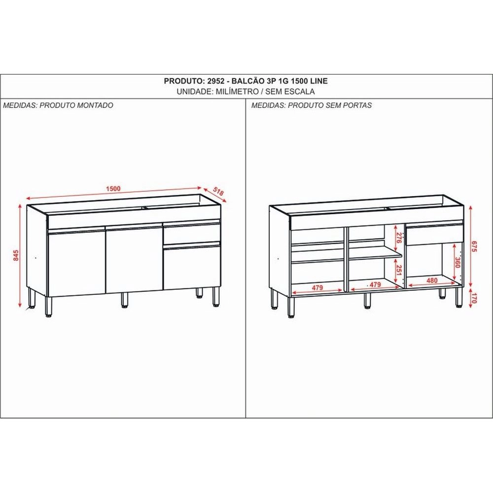 Balcão 1.50M 3 Portas 1 Gaveta Line C/Tampo 2953 Supremo/Supremo 2954 8987 A86XL150XP53 Kits