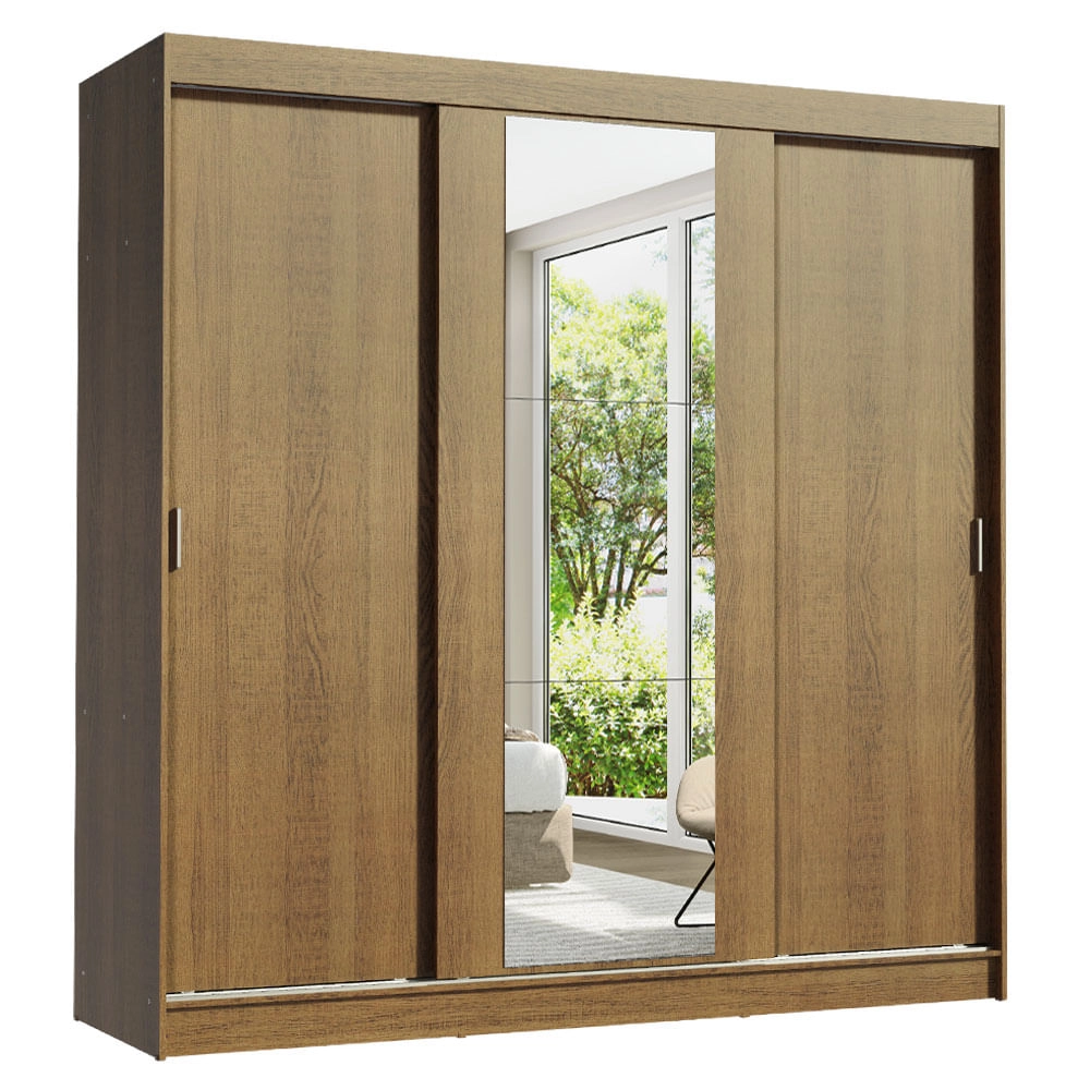 Guarda-Roupa Casal Madesa Reno 3 Portas de Correr com Espelho Cor:Rustic