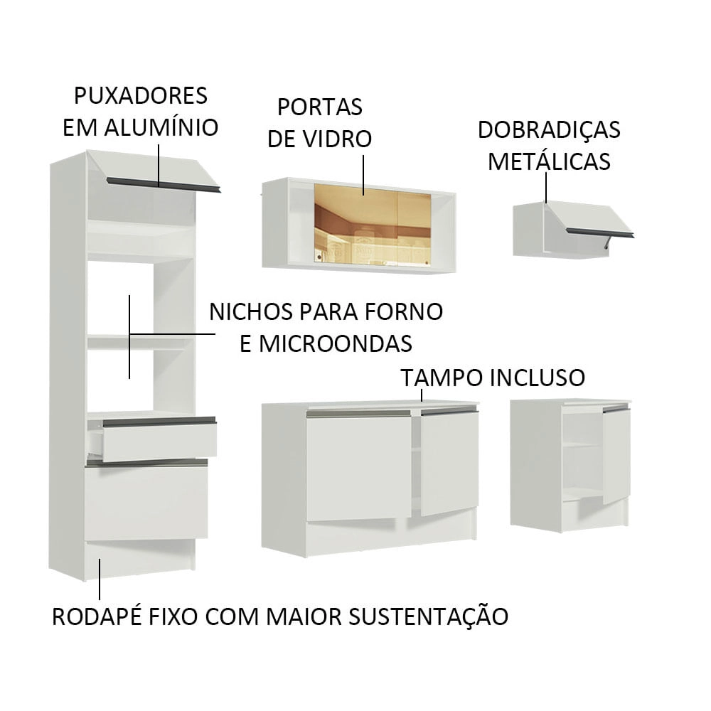 Cozinha Completa Madesa Diamante com Armário, Balcão de Pia e Tampo Branco Cor:Branco