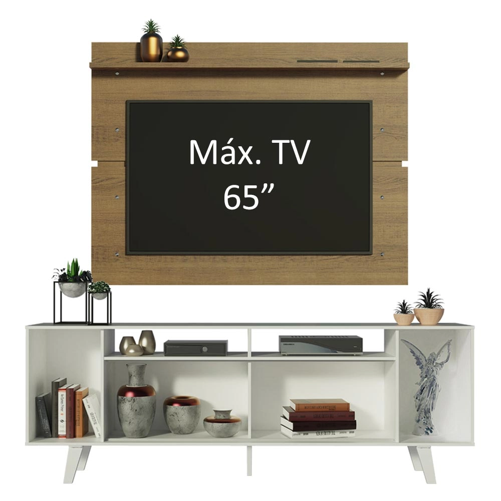 Rack Madesa Cancun com Pés e Painel para TV até 65 Polegadas Branco/Rustic 096E Cor:Branco/Rustic/Branco