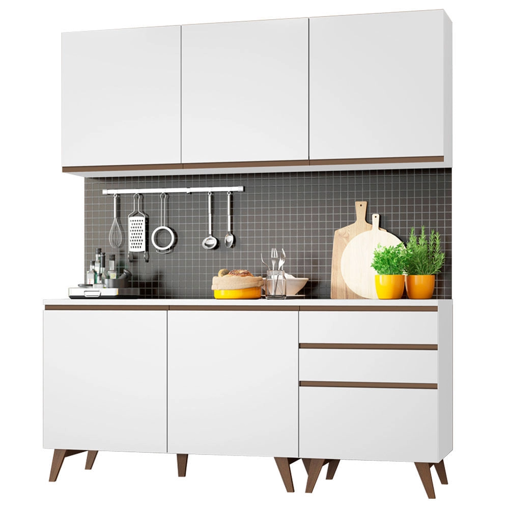 Armário de Cozinha Compacta Madesa Reims com Balcão 5 Portas 3 Gavetas Branco Cor:Branco