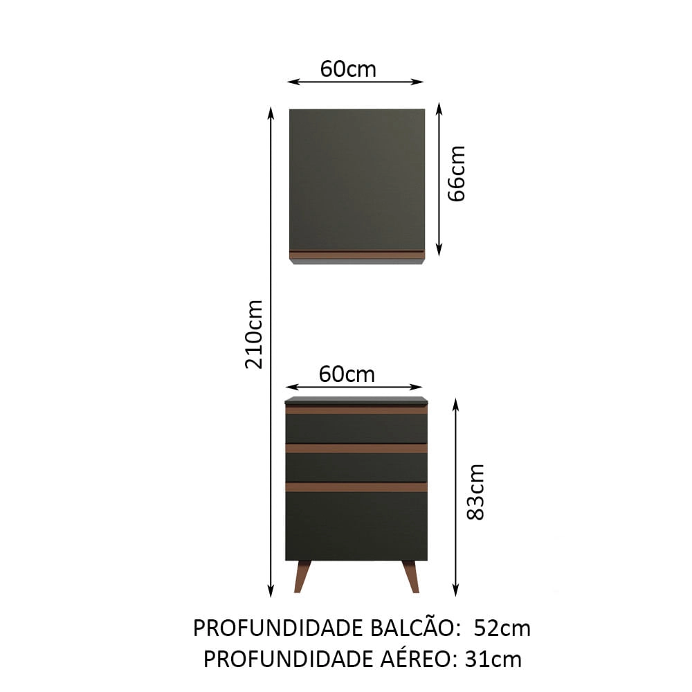 Kit Madesa Reims 60 cm com Armário Aéreo e Balcão com 3 Gavetas Preto Cor:Preto