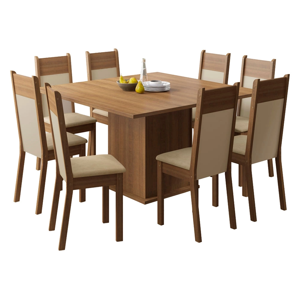 Conjunto Sala de Jantar Madesa Panamá Mesa Tampo de Madeira com 8 Cadeiras Rustic/Crema/Pérola Cor:Rustic/Crema/Pérola