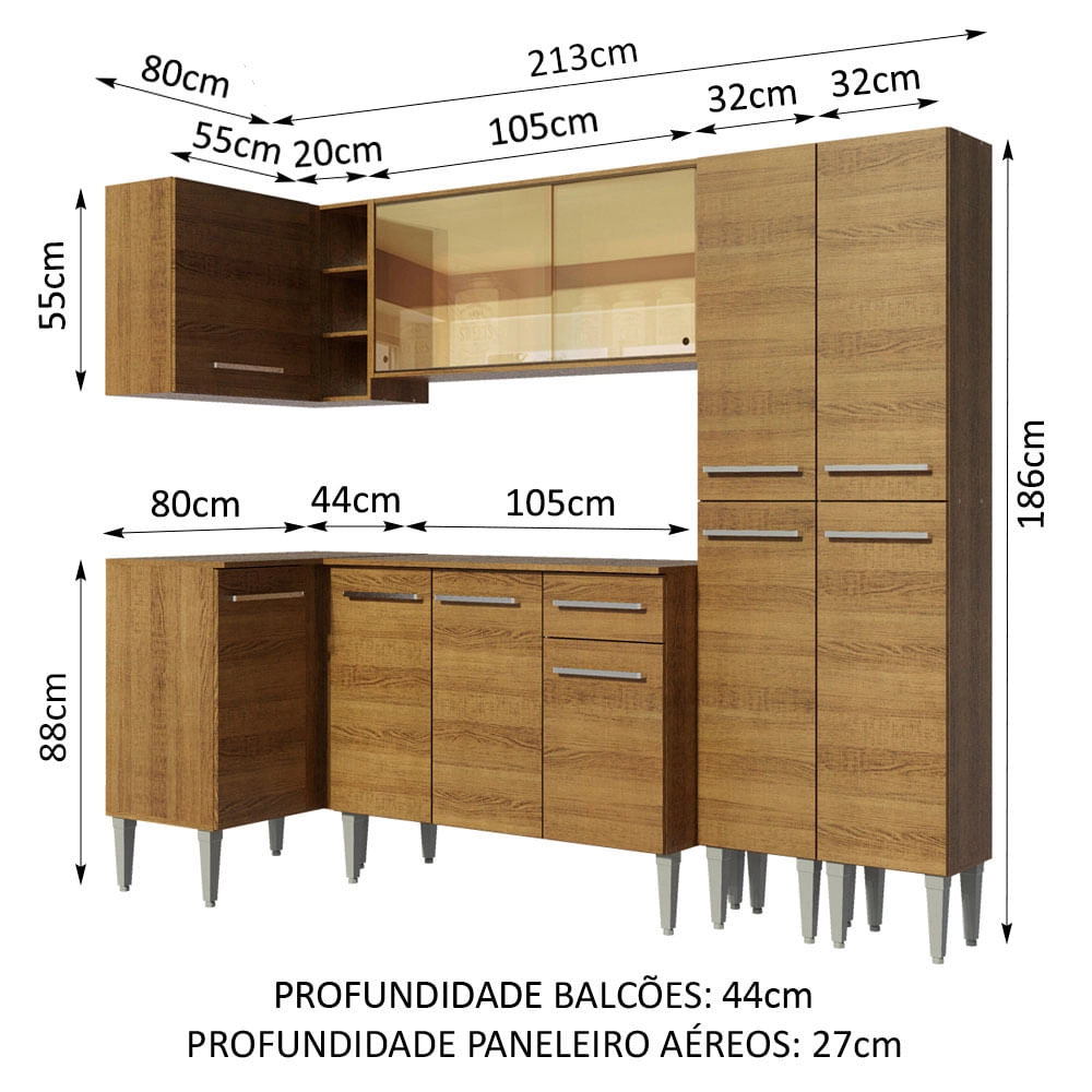 Cozinha Completa de Canto Madesa Emilly Line com Balcão, Armário Vidro Reflex e Paneleiro Rustic Cor:Rustic