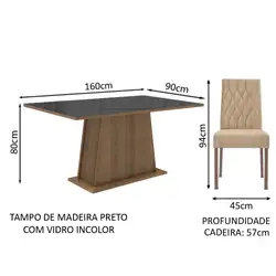 Conjunto Sala de Jantar Mesa Tampo de Vidro 6 Cadeiras Rustic/Preto/Imperial Stéfani Madesa Cor:Rustic/Preto/Imperial