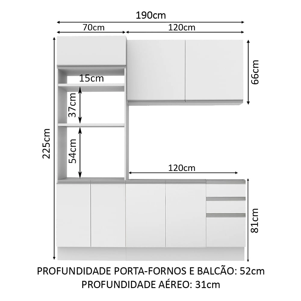 Cozinha Compacta Madesa Laura 7 Portas 3 Gavetas (Sem Tampo e Pia) Branco Cor:Branco