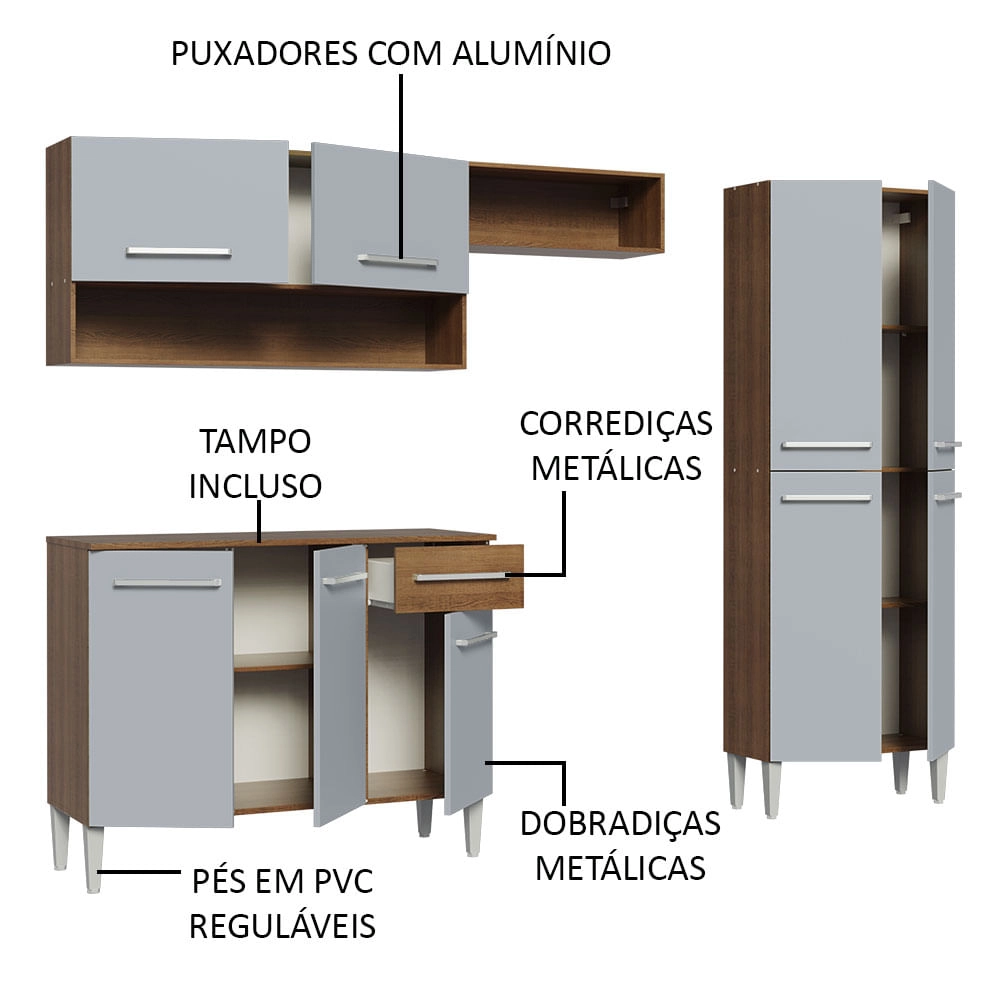 Cozinha Completa Madesa Emilly Pop com Armário e Balcão Rustic/Cinza Cor:Rustic Cinza