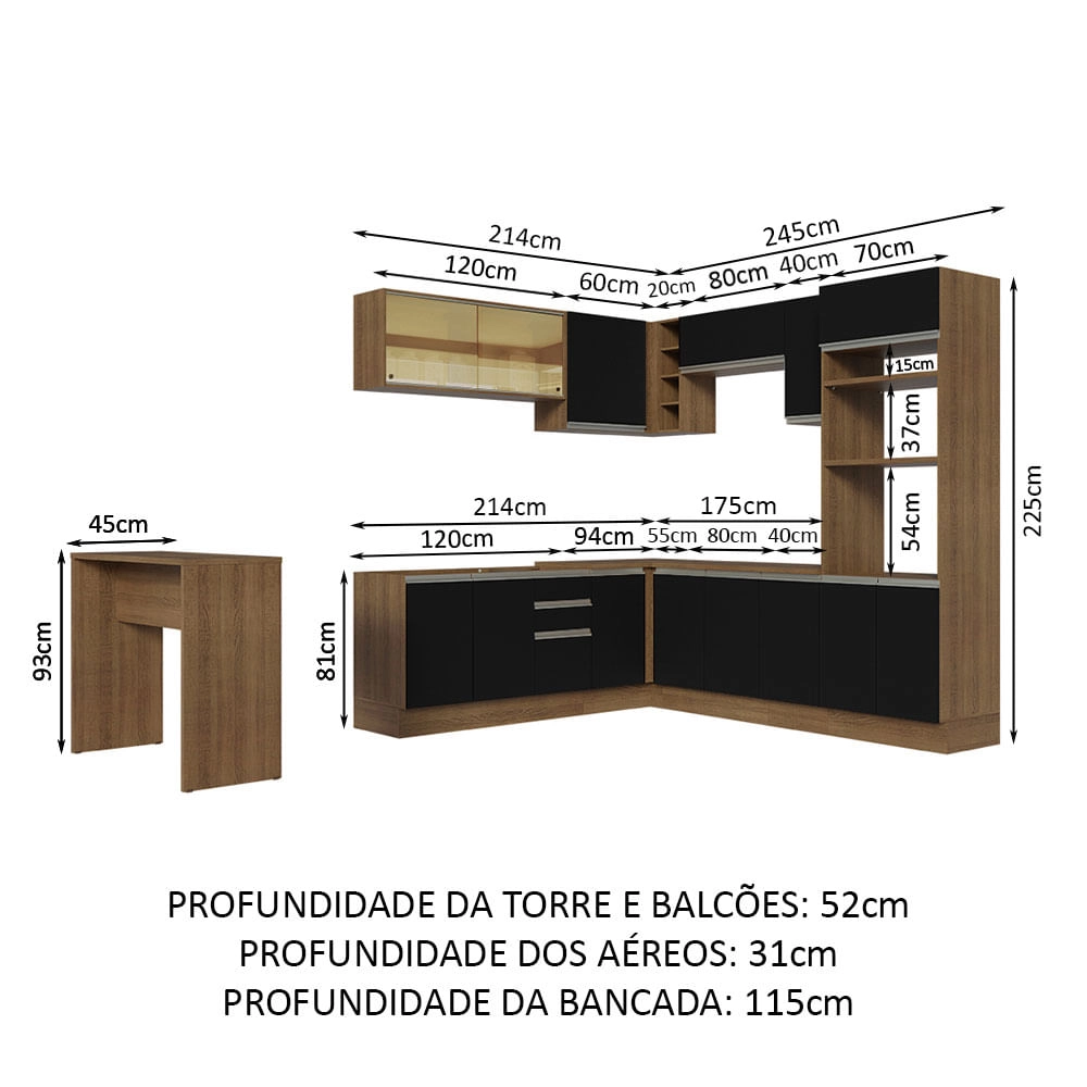 Cozinha Completa de Canto Madesa Glamy 504001 com Armário e Bancada (S/ Tampo e Pia) Rustic/Preto Cor:Rustic/Preto