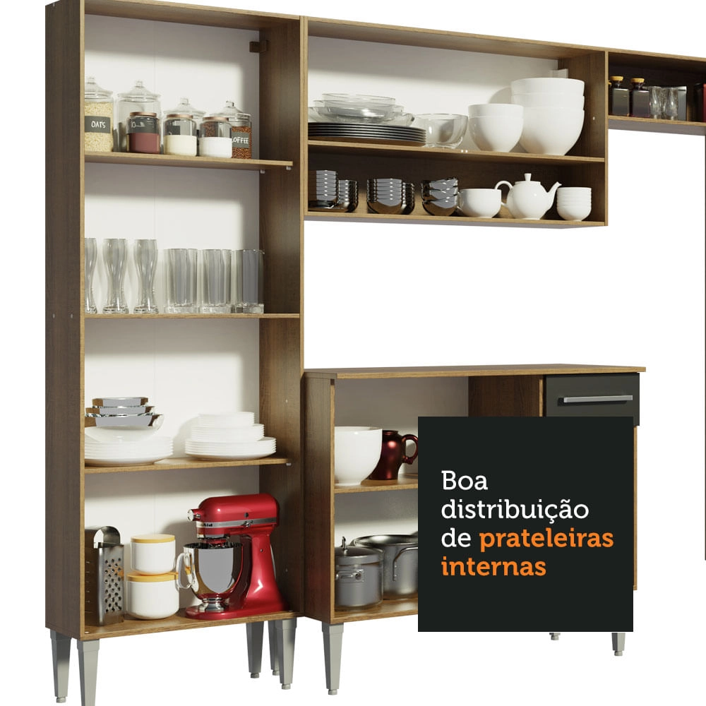 Cozinha Compacta Madesa Emilly Silver com Balcão e Paneleiro - Rustic/Preto Cor:Rustic/Preto