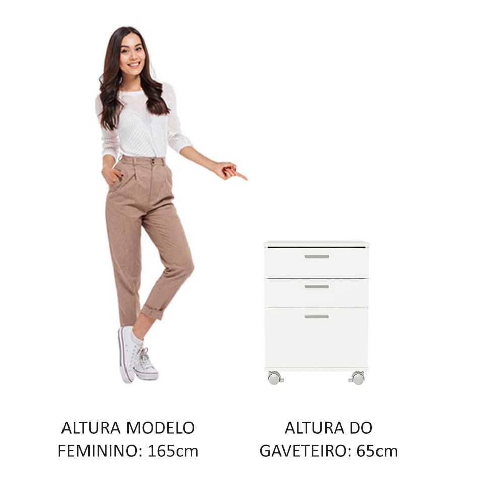 Gaveteiro Organizador para Escritório 3322 Madesa 3 Gavetas com Rodinhas Branco Cor:Branco