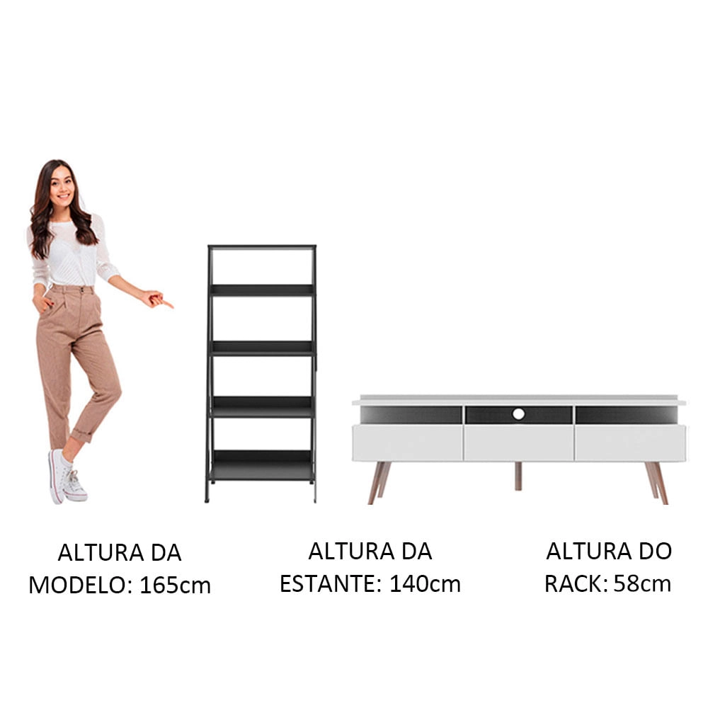 Rack para TV até 65 Polegadas Madesa Londres e Estante Escada Branco/Preto Cor:Branco/Preto