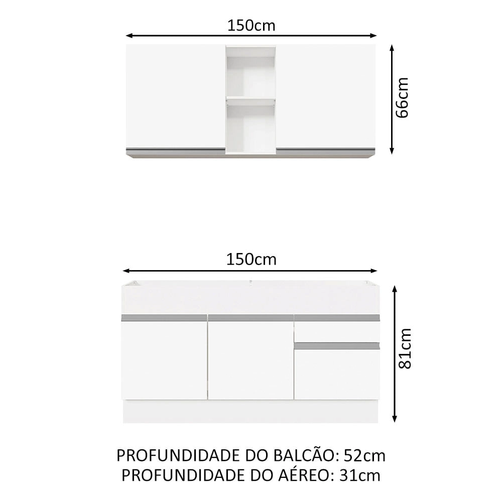 Cozinha Compacta Madesa Glamy 150002 com Armário e Balcão (Sem Tampo e Pia) Branco Cor:Branco