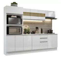 Cozinha Completa 100% MDF Madesa Smart 250 cm Modulada Com Balcão e Tampo Frentes Branco Brilho Cor:Branco