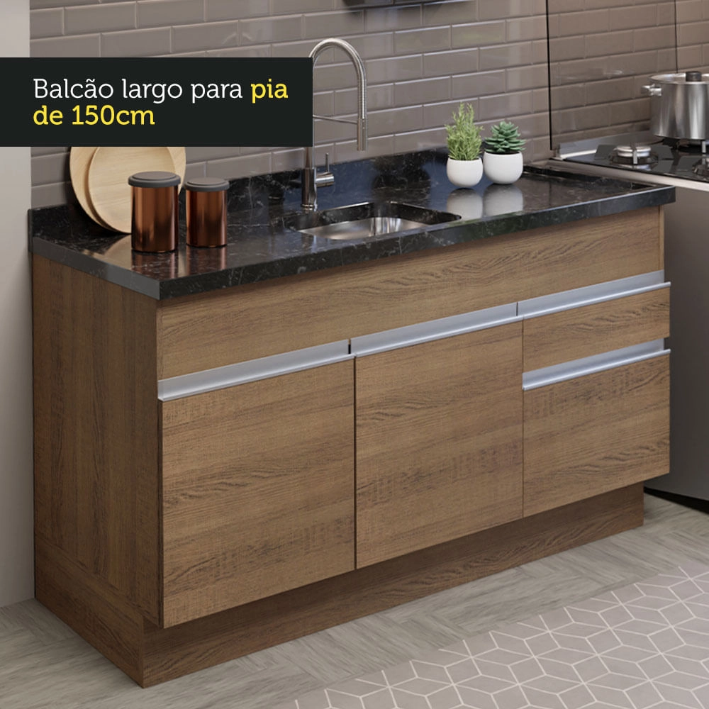 Cozinha Compacta Madesa Glamy 150002 com Armário e Balcão (Sem Tampo e Pia) Rustic Cor:Rustic