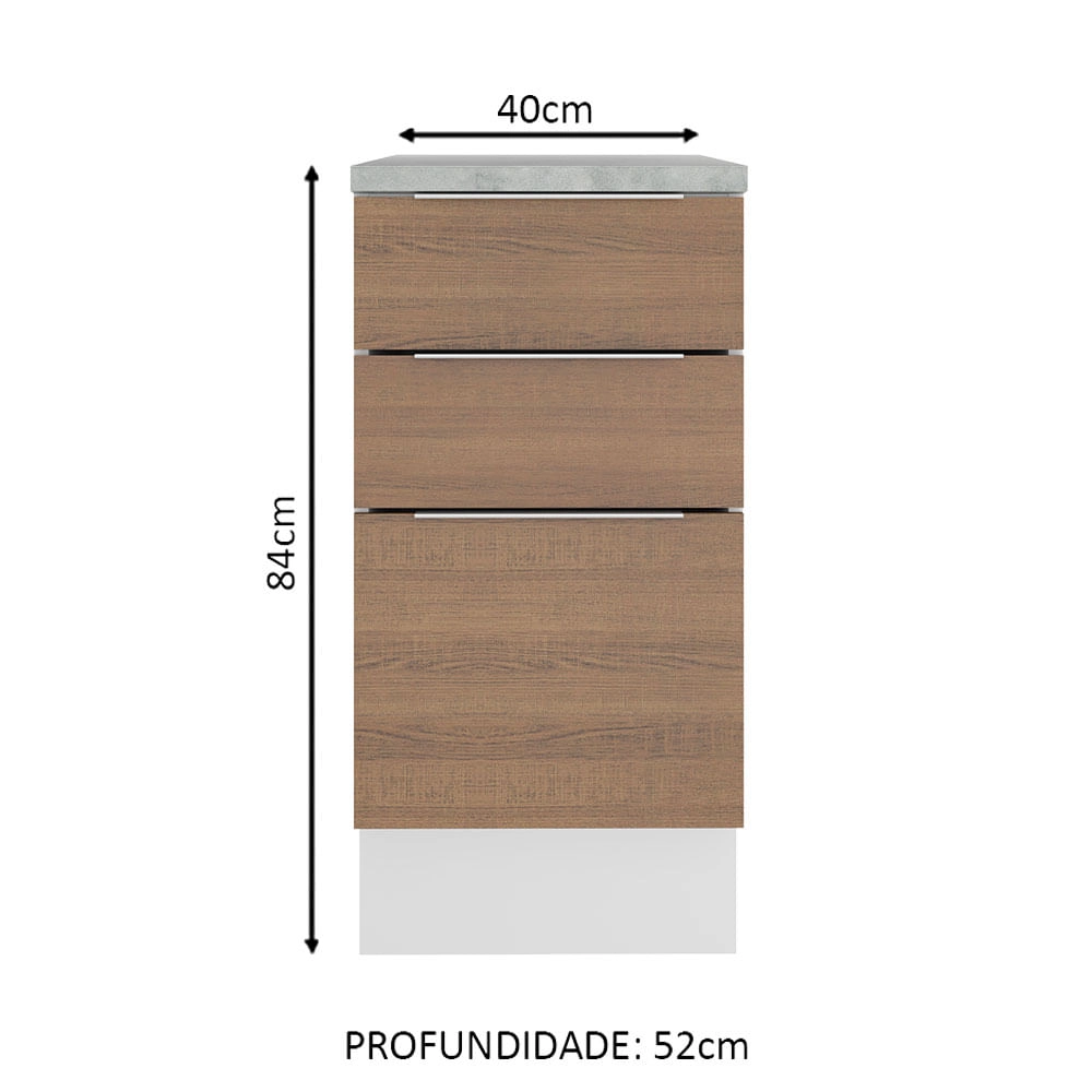 Balcão Madesa Stella 40 cm 3 Gavetas Branco/Rustic Cor:Branco/Rustic