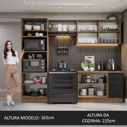 Armário de  Cozinha Completa 270cm Rustic/Preto Agata Madesa 07 Cor:Rustic/Preto
