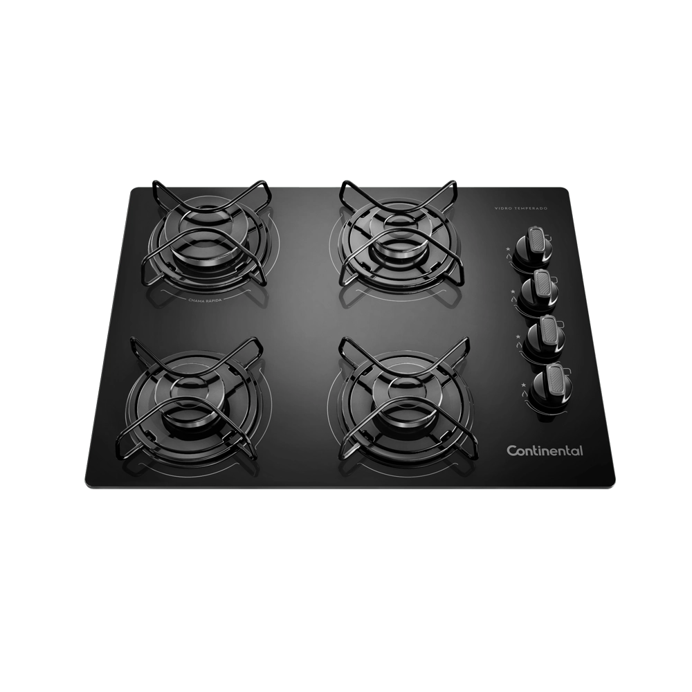 Cooktop 4 Bocas Continental a Gás de Vidro  Temperado Preto (KC4GP) Bivolt