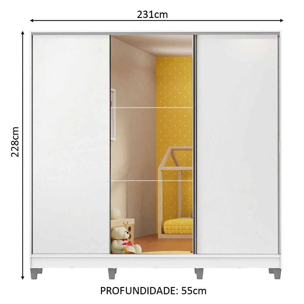 Guarda Roupa Infantil Madesa Logan 100% MDF 3 Portas de Correr com Espelho com Pés - Branco Cor:Branco