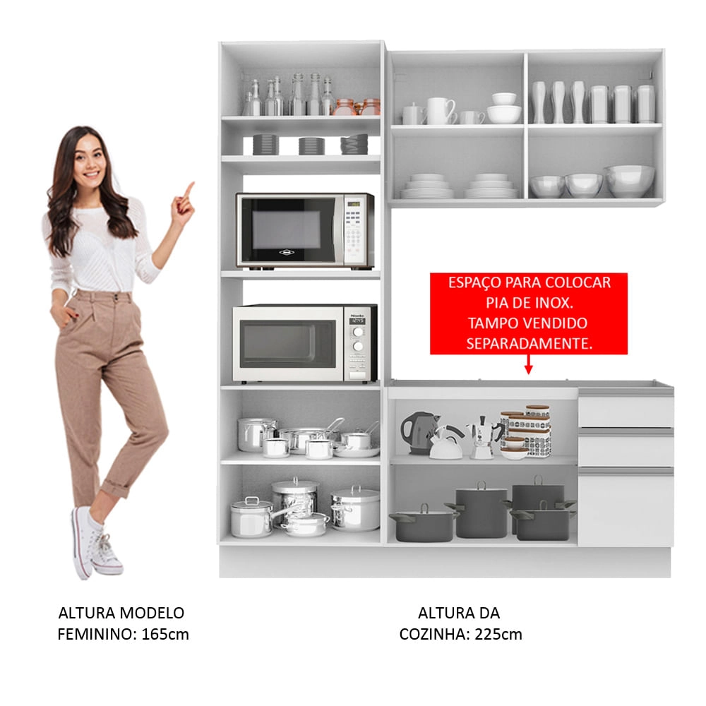 Cozinha Compacta Madesa Laura 7 Portas 3 Gavetas (Sem Tampo e Pia) Branco Cor:Branco