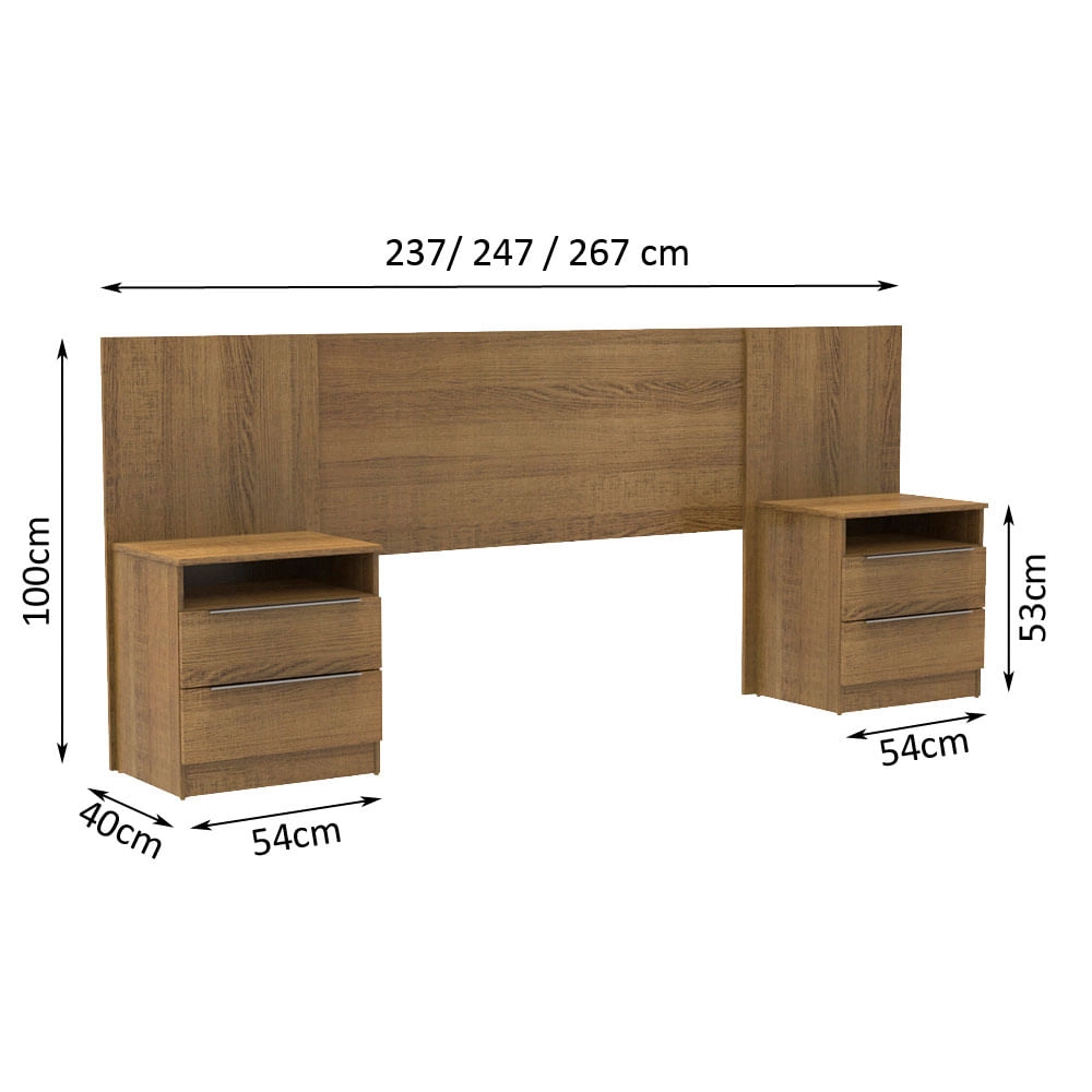 Cabeceira Extensível Madesa com 2 Mesas de Cabeceira Rustic Cor:Rustic