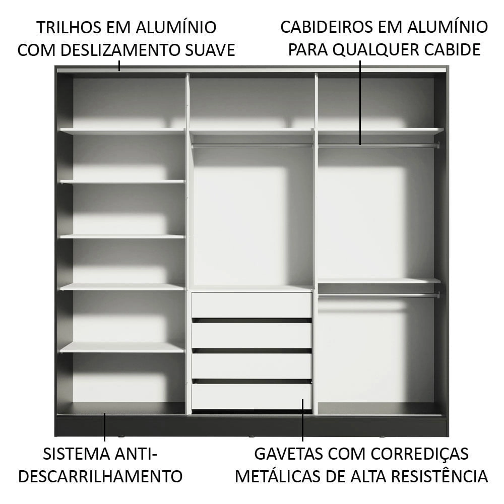 Guarda Roupa Casal 100% MDF Madesa Zurique 3 Portas de Correr com Espelho Preto/Rustic Cor:Preto/Rustic