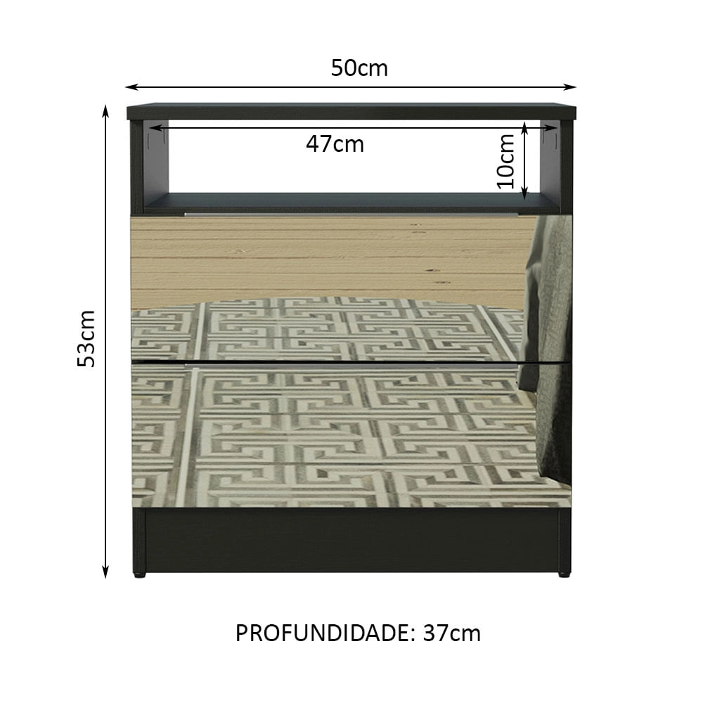 Mesa de Cabeceira Madesa 3227 2 Gavetas com Espelho Preto Cor:Preto