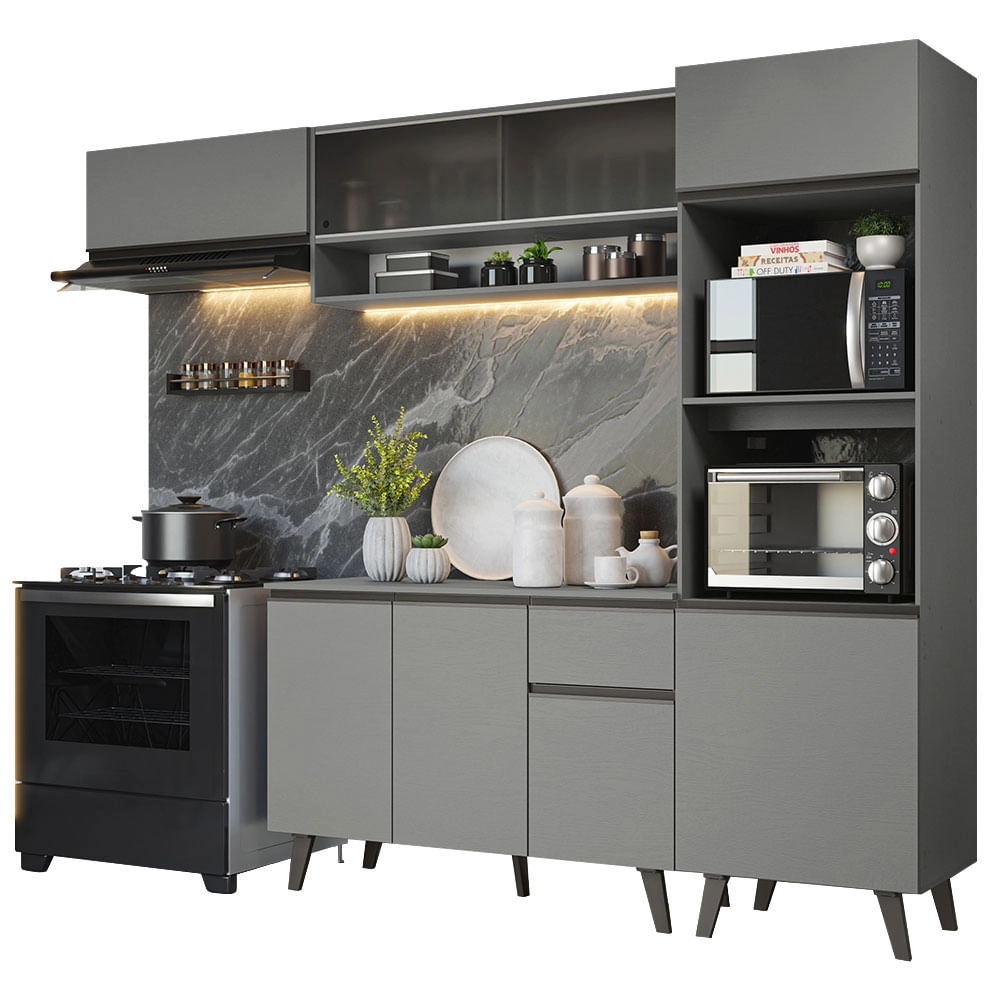 Armário de Cozinha Completa 260cm Cinza Nice Madesa 04 Cor:Cinza