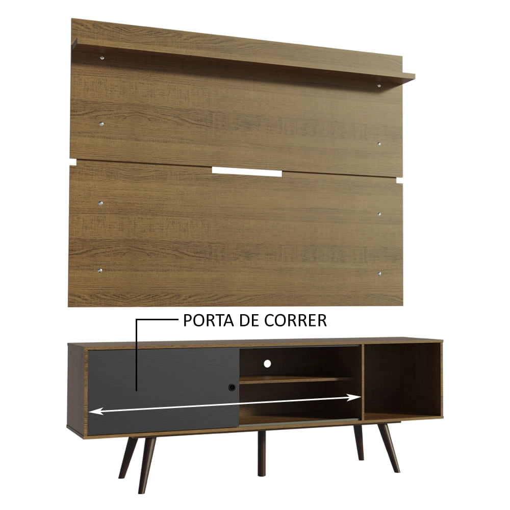 Rack Madesa Cairo e Painel para TV até 65 Polegadas com Pés de Madeira - Rustic/Preto/Rustic Cor:Rustic/Preto/Rustic