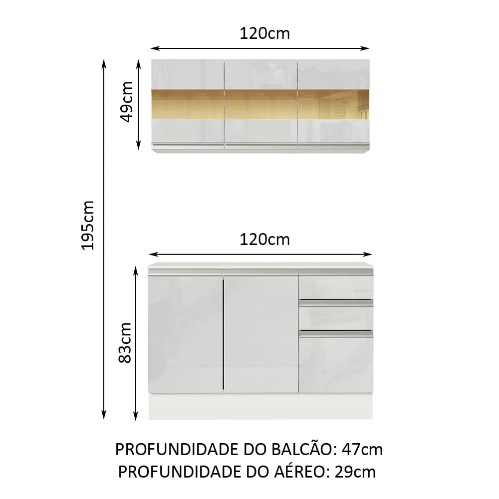 Cozinha Compacta 100% MDF Madesa Smart 120 cm Modulada Com Balcão e Tampo Frentes Branco Brilho Cor:Branco