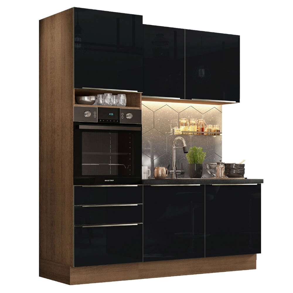 Cozinha Compacta Madesa Lux com Armário e Balcão 5 Portas 3 Gavetas Rustic/Preto Cor:Rustic/Preto