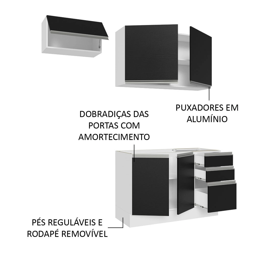 Armário de Cozinha Compacta 180cm Branco/Preto Glamy Madesa 09 Cor:Branco/Preto