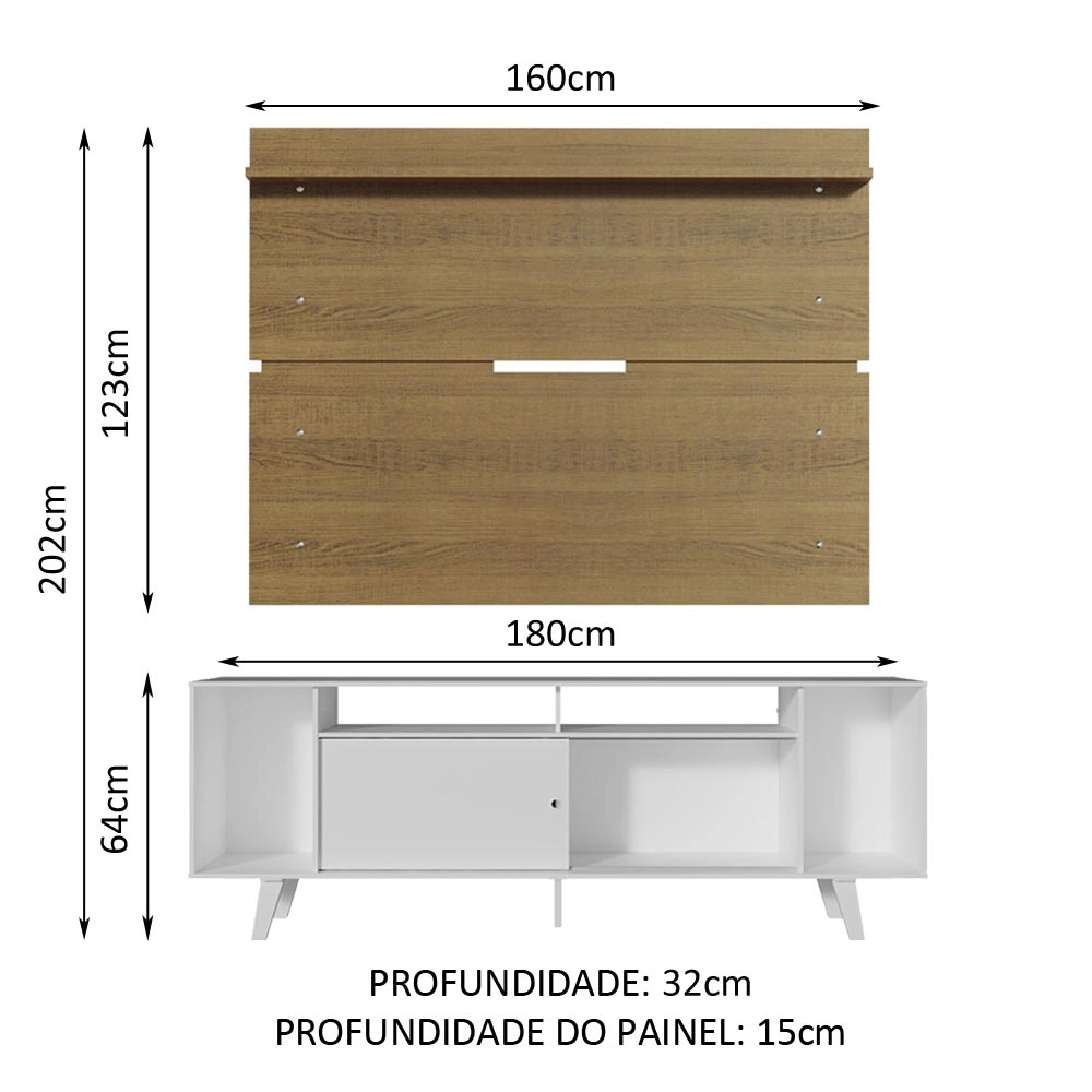 Rack Madesa Cancun com Pés e Painel para TV até 65 Polegadas Branco/Rustic 096E Cor:Branco/Rustic/Branco