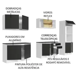 Armário de Cozinha Completa 100% MDF 310cm Branco/Preto Acordes Madesa 01 Cor:Branco/Preto