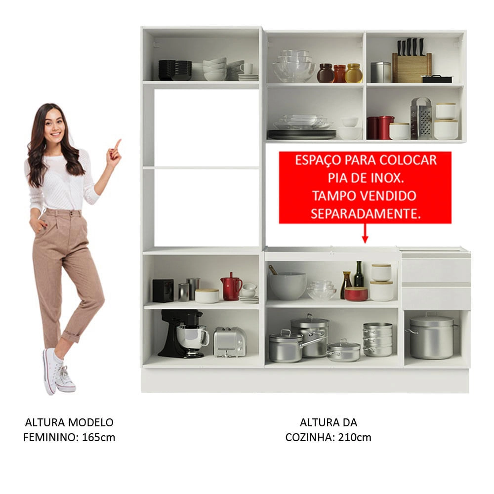 Armário de Cozinha Compacta 100% MDF Madesa Acordes XB190001 com Balcão e Torre Portas Branco Brilho Cor: Branco