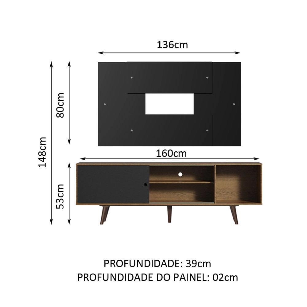 Rack Madesa Dubai com Pés e Painel para TV até 58 Polegadas Rustic/Preto 7KD8 Cor:Rustic/Preto/Preto