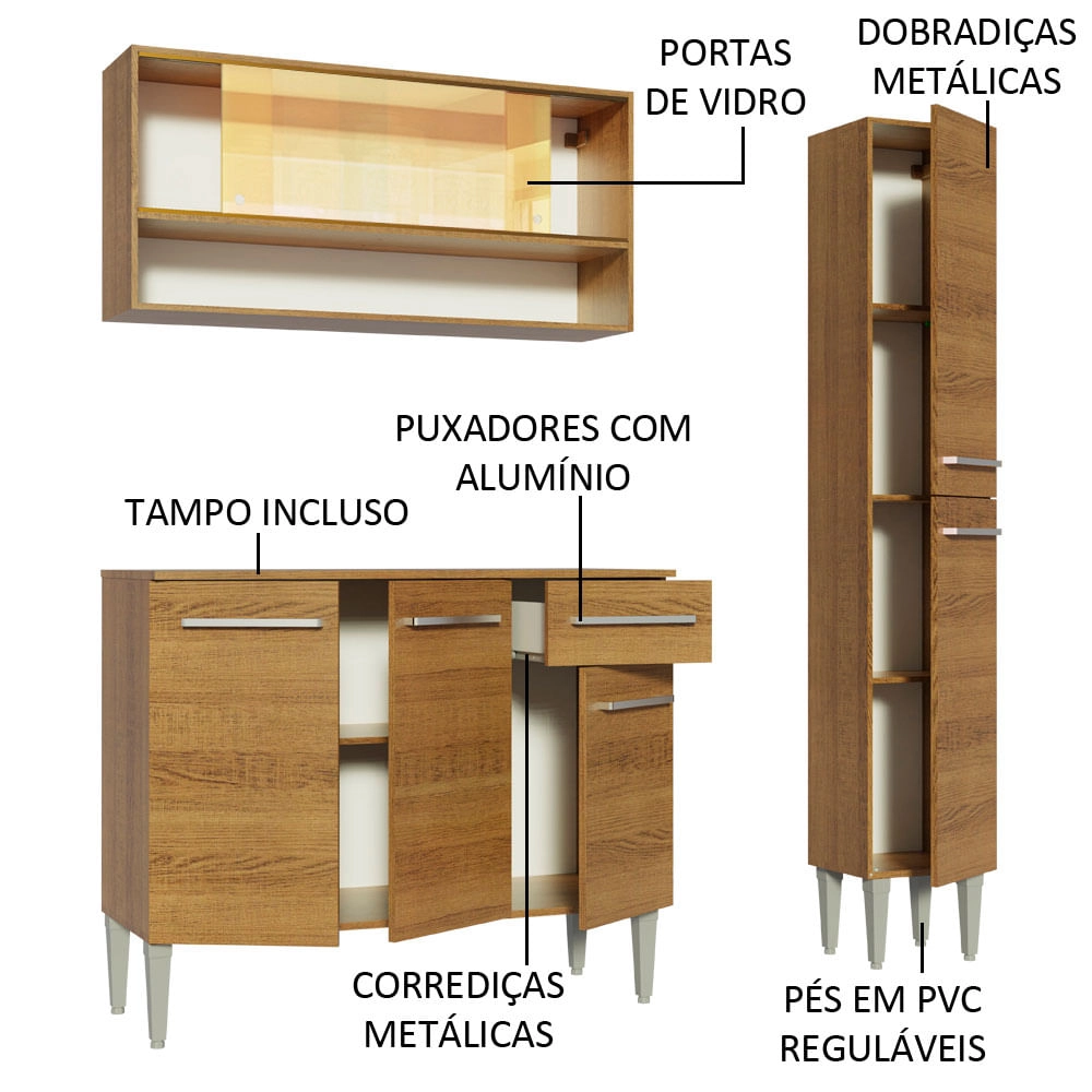 Cozinha Compacta Madesa Emilly Art com Balcão e Armário Vidro Reflex Rustic Cor:Rustic