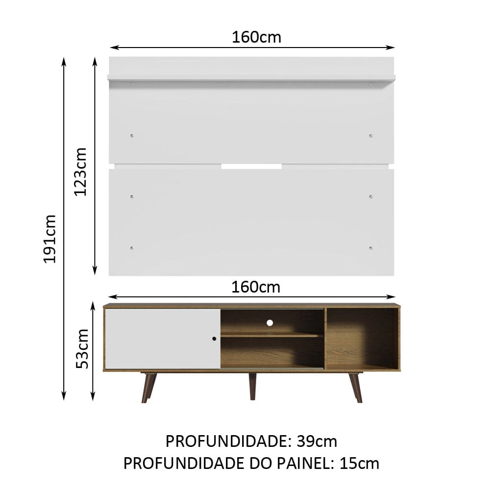 Rack Madesa Dubai e Painel para TV até 65 Polegadas com Pés Rustic/Branco 6E9B Cor:Rustic/Branco