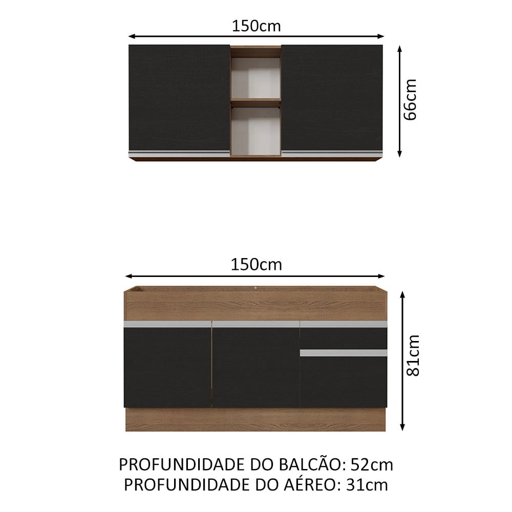 Cozinha Compacta Madesa Glamy 150002 com Armário e Balcão (Sem Tampo e Pia) Rustic/Preto Cor:Rustic/Preto