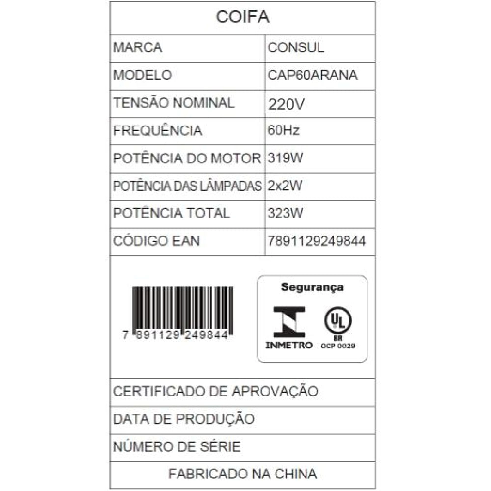 Coifa de Parede Consul 60 cm Inox 4 bocas com design em vidro e aviso lavar filtro - CAP60AR 220V