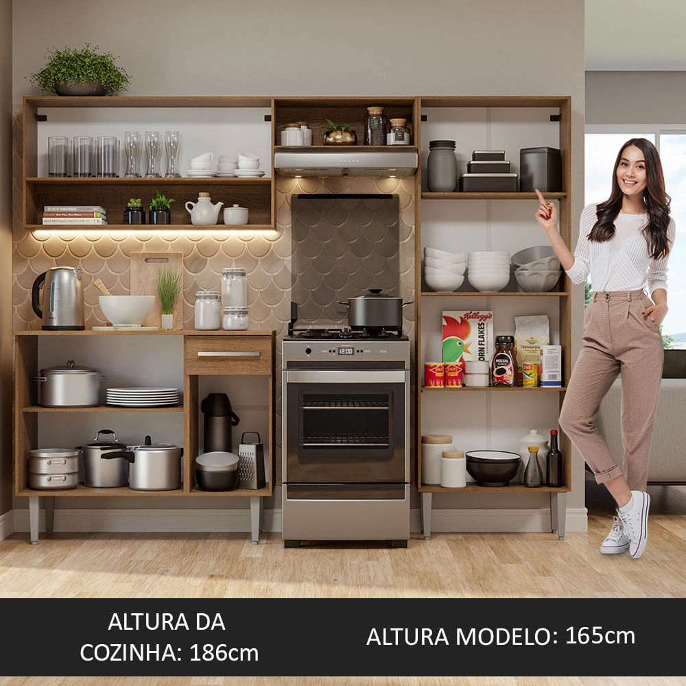 Armário de Cozinha Compacta Madesa Emilly Pop com Balcão Rustic/Preto Cor:Rustic/Preto