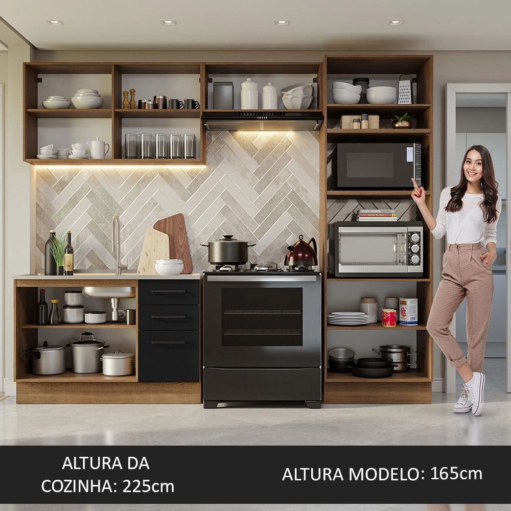 Armário de  Cozinha Completa 270cm Rustic/Preto Agata Madesa 08 Cor:Rustic/Preto