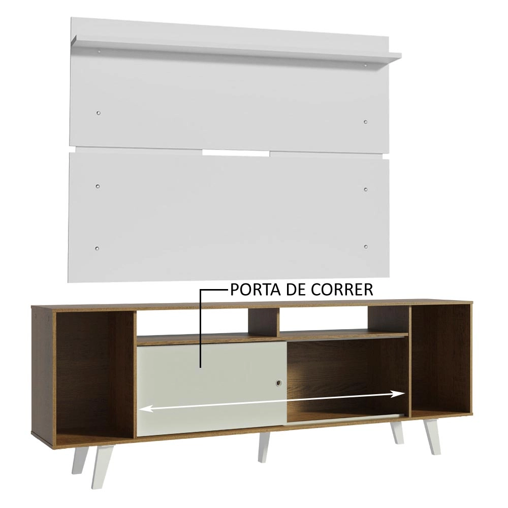 Rack Madesa Cancun com Pés e Painel para TV até 65 Polegadas Rustic/Branco 6E09 Cor:Rustic/Branco/Branco