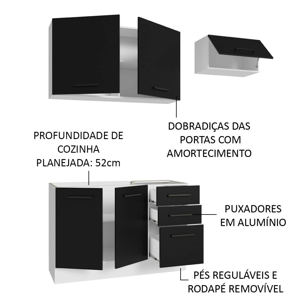 Armário de  Cozinha Compacta 180cm Branco/Preto Agata Madesa 09 Cor:Branco/Preto