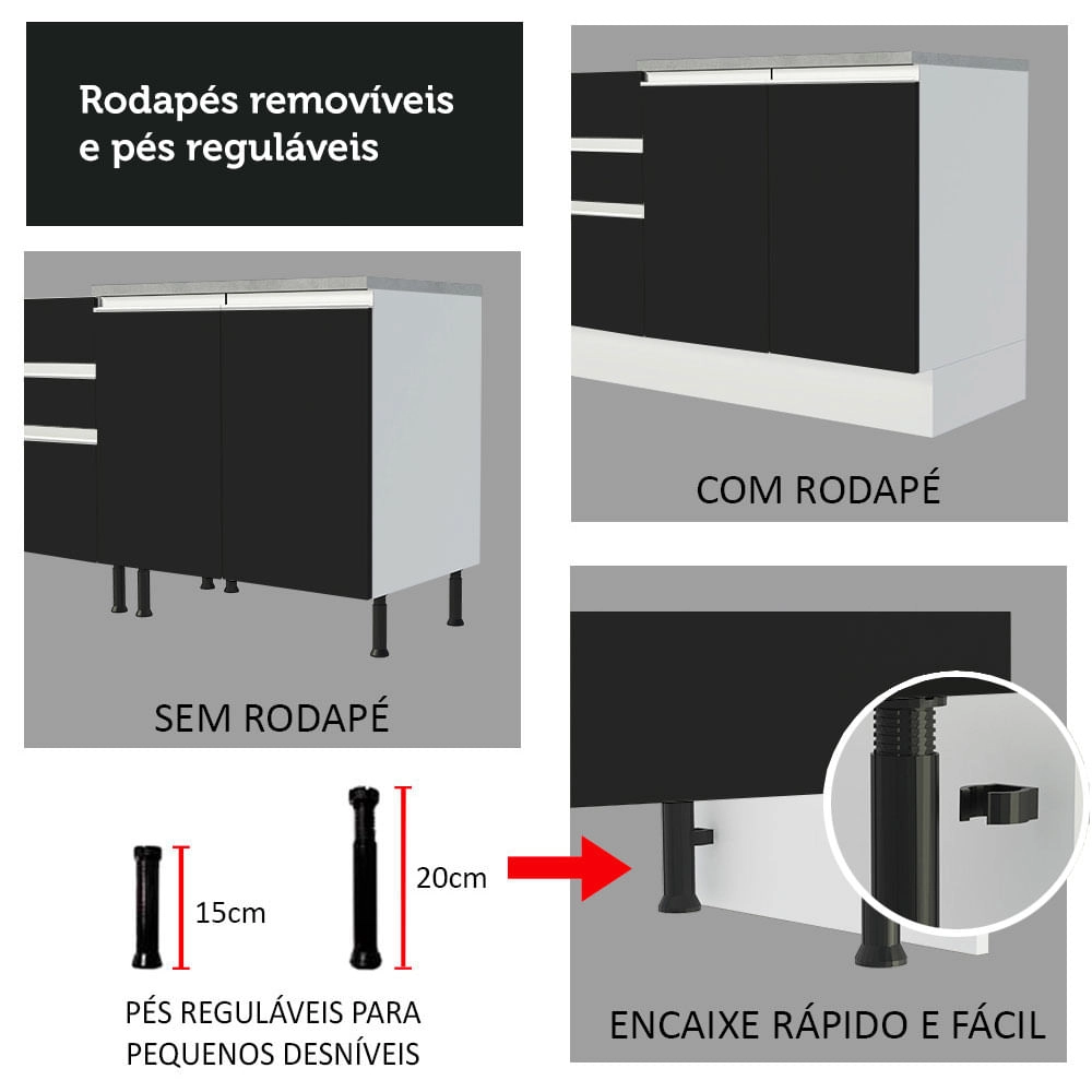 Cozinha Compacta Madesa Glamy 150002 com Armário e Balcão (Sem Tampo e Pia) Branco/Preto Cor:Branco/Preto