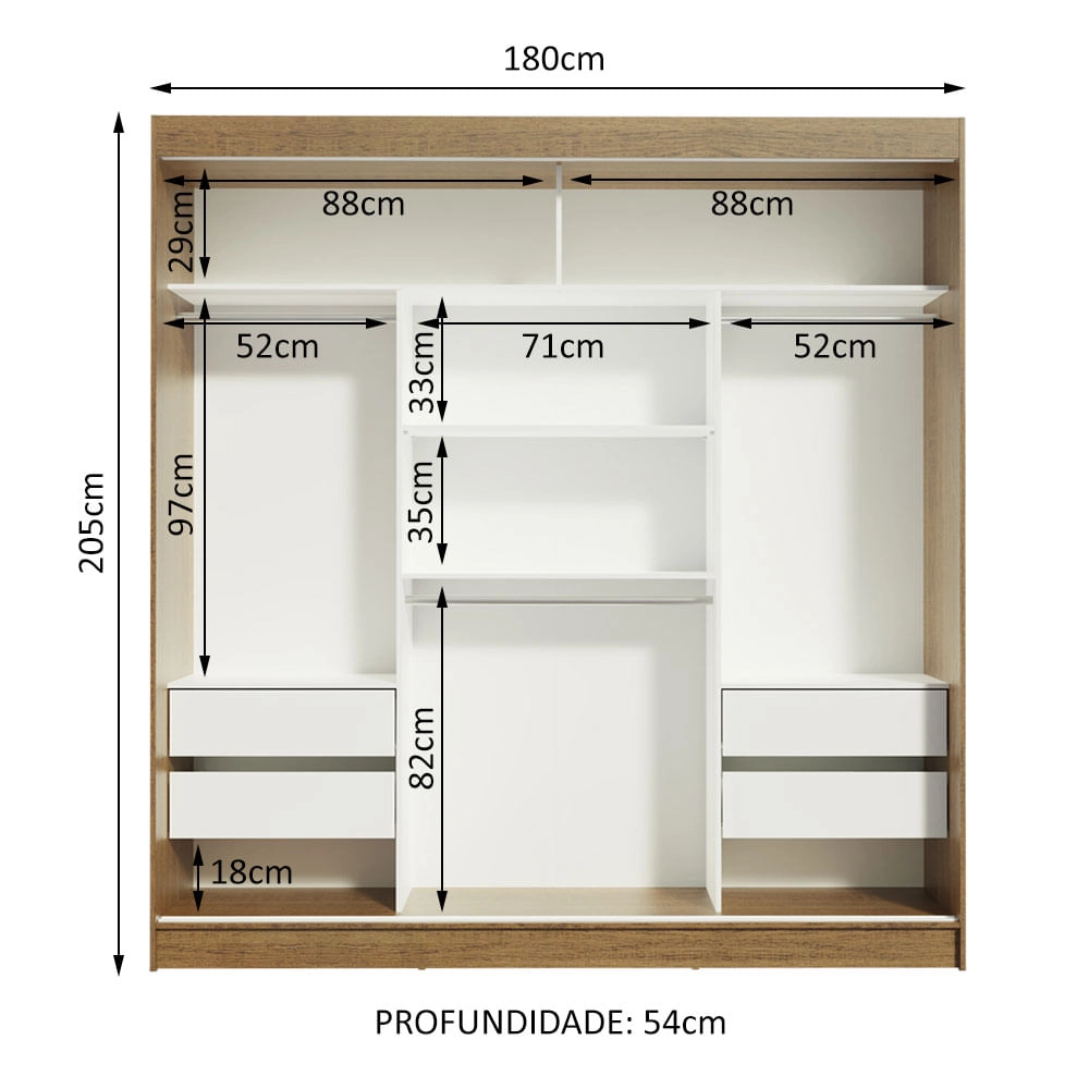 Guarda-Roupa Casal Madesa Reno 3 Portas de Correr com Espelho Cor:Rustic/Branco